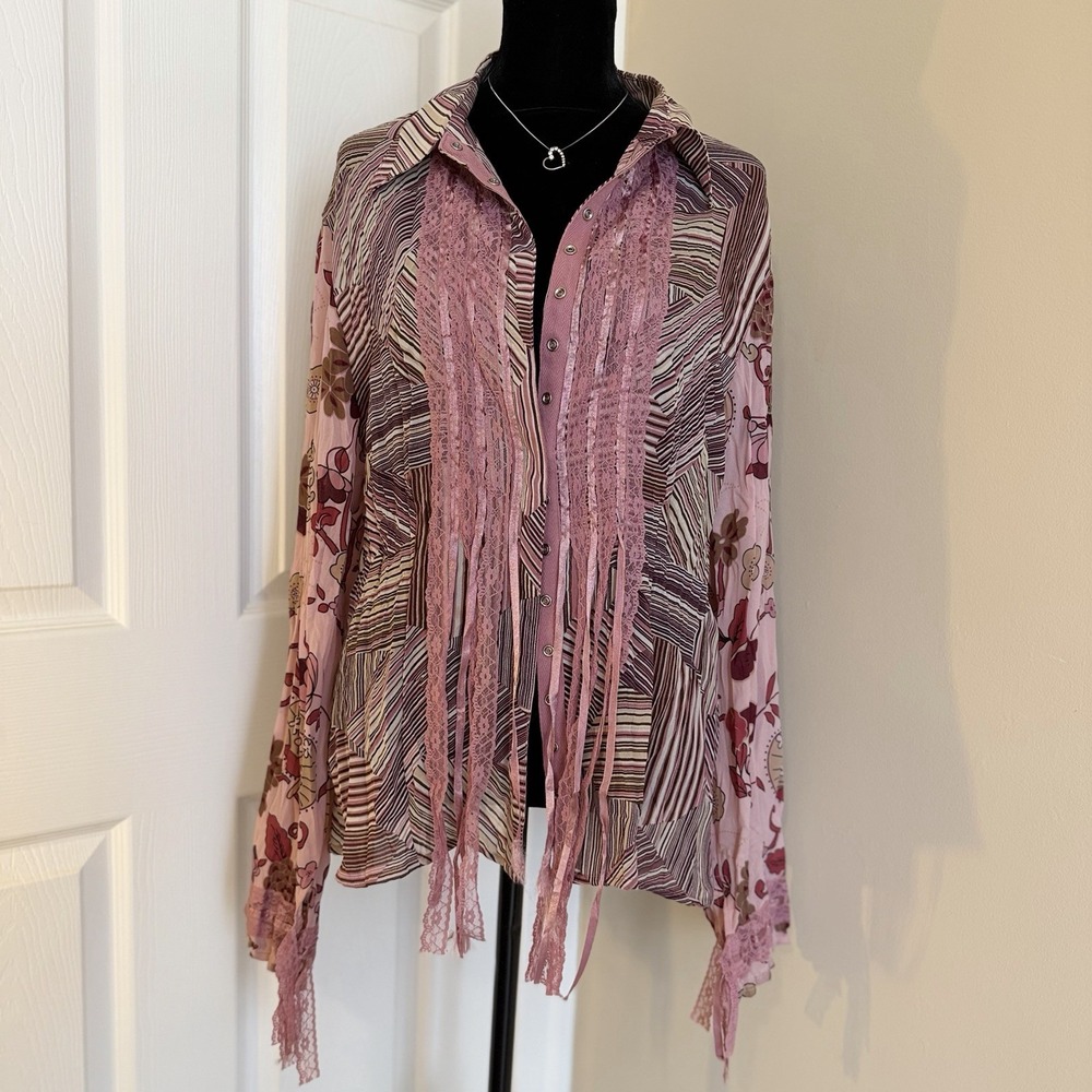 Jaipur Y2K ButtonUp Satin Fairy Crinkle Blouse Top Lace Pink Women XL VTG Whimsy
